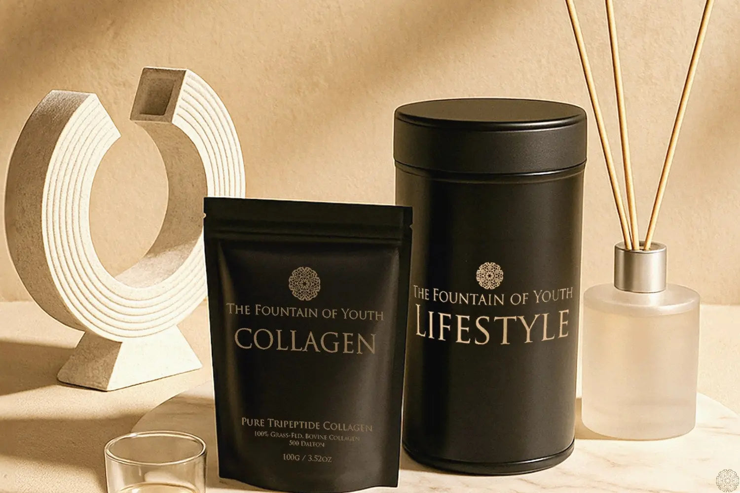 The Fountain of Youth Lifestyle Pure Tripeptide Collagen styled still life