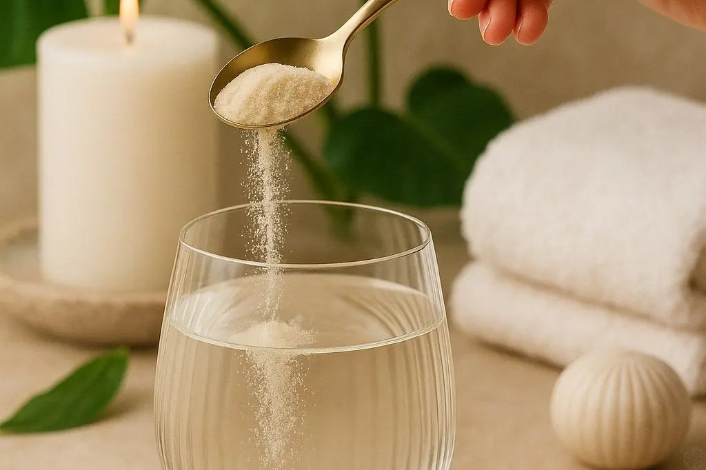 Tripeptide collagen powder dissolving into water from a gold spoon