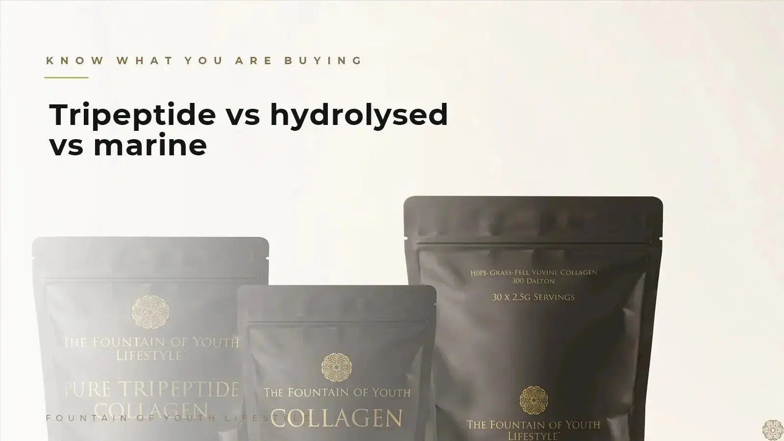 Fountain of Youth tripeptide collagen range - 200g, 100g and sachets compared