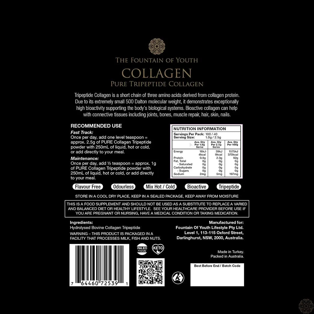 BUY ONE GET ONE FREE - Pure Bovine Tripeptide Collagen - 100g Bag Fountain of Youth Lifestyle