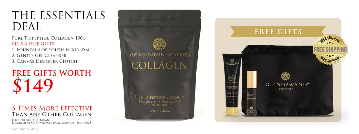 The Essentials Deal: Pure Tripeptide Collagen 100g plus 3 free gifts worth $149, The Fountain of Youth Elixir 25ml, Gentle Gel Cleanser and Canvas Designer Clutch. 5 times more effective than any other collagen, per the University of Milan. Free shipping. Exclusions apply.