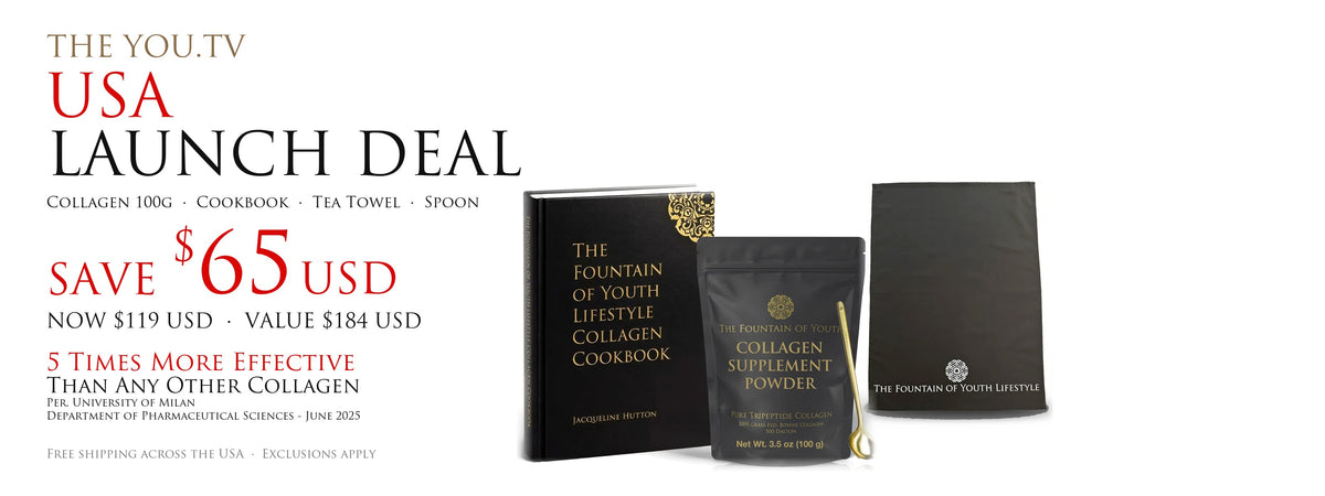 The You.TV USA Launch Deal: Pure Tripeptide Collagen 100g, our founder's hardcover cookbook, a tea towel and a spoon. Save $65 USD, now $119 USD, value $184 USD. 5 times more effective than any other collagen, per the University of Milan. Free shipping across the USA. Exclusions apply.