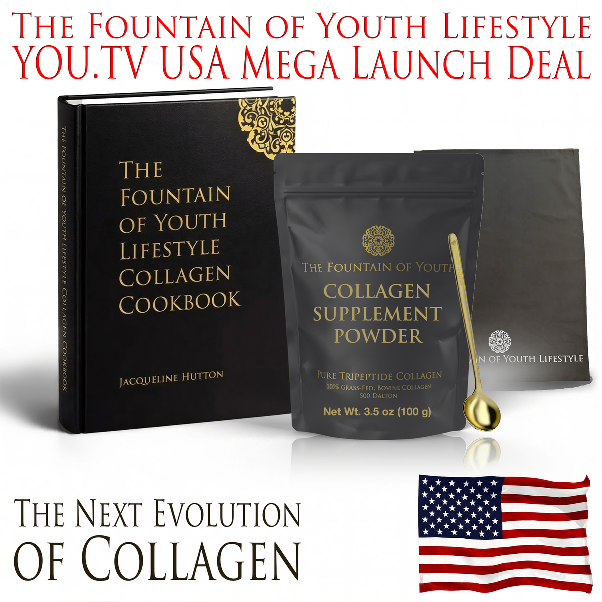 The You.TV USA Mega Launch Deal: the hardcover Collagen Cookbook by Jacqueline Hutton, a Collagen Supplement Powder bag (Net Wt. 3.5 oz, 100 g), the gold collagen spoon and the black FoYL tea towel