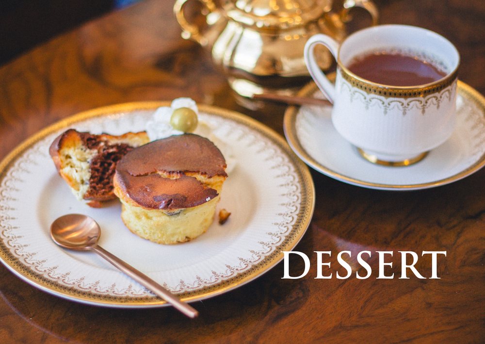 The Dessert chapter opener: a baked dessert with a cup of tea