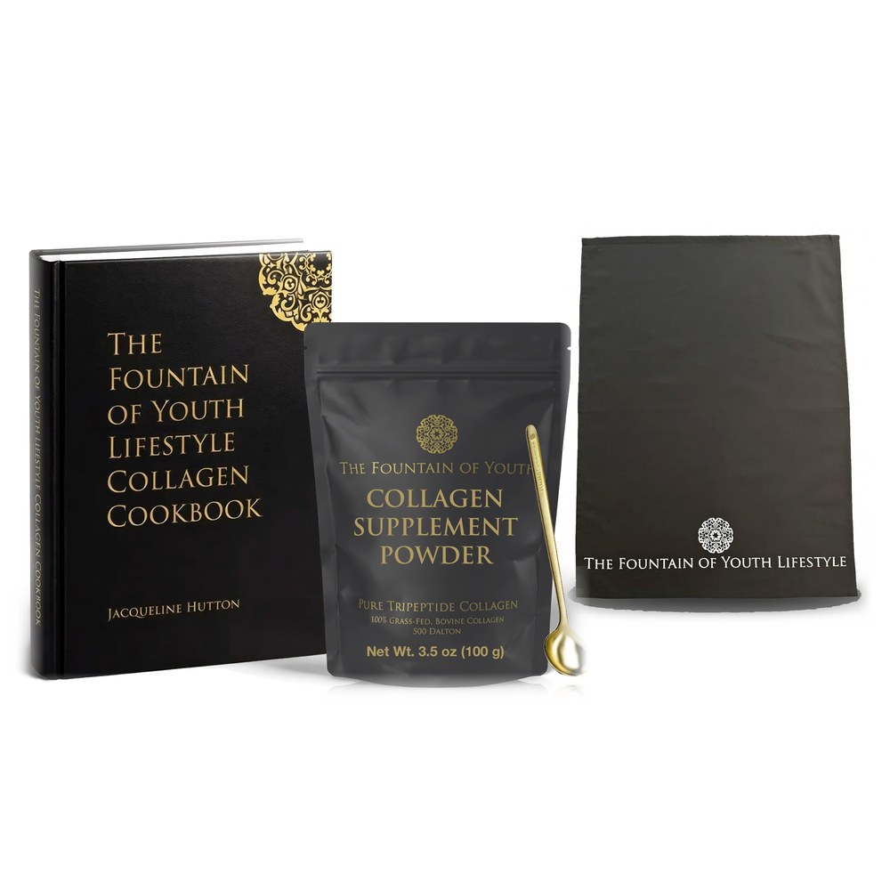 What arrives: the hardcover Collagen Cookbook by Jacqueline Hutton, a Collagen Supplement Powder bag, the gold spoon and the black FoYL tea towel