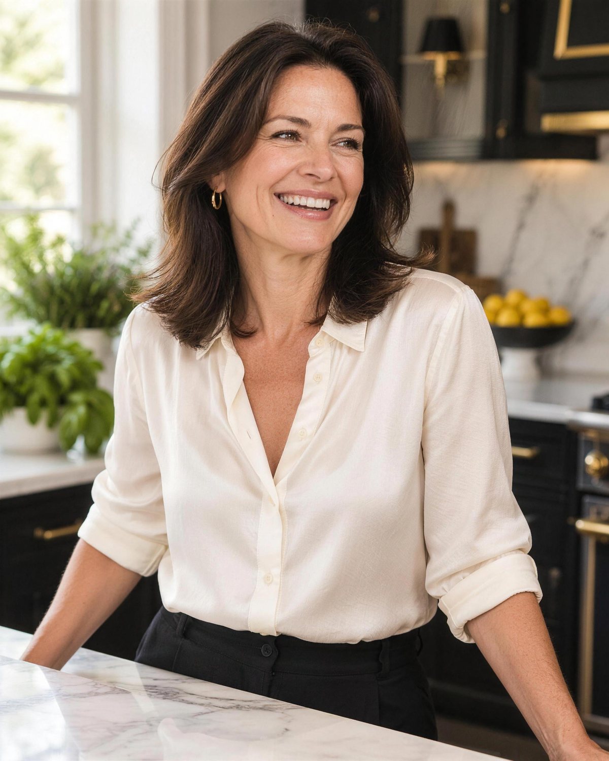 A woman in her early fifties with glowing skin, laughing at a marble counter in a black and gold kitchen