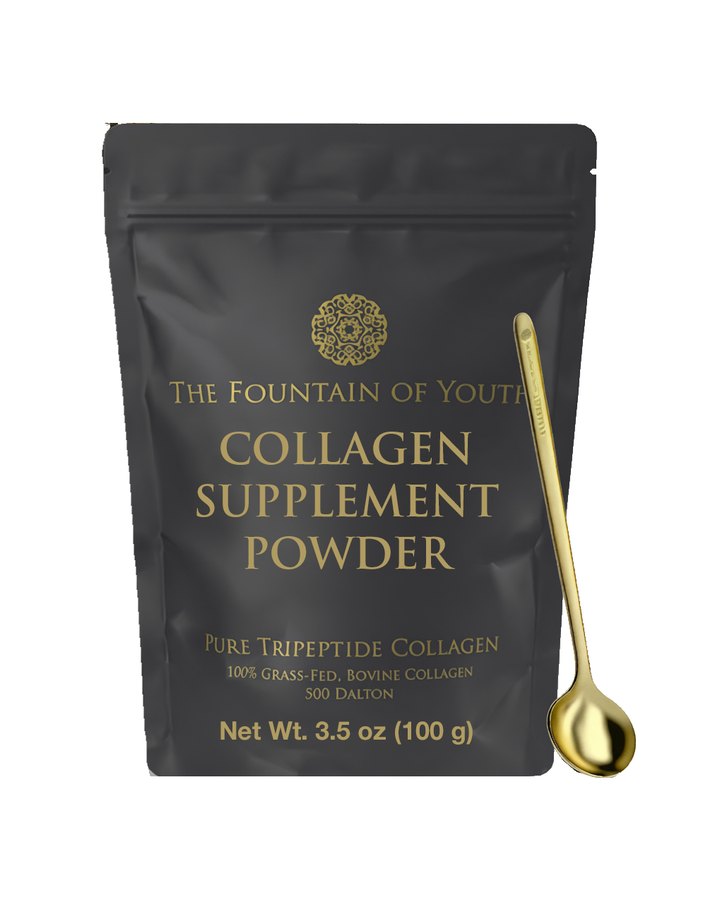 A Collagen Supplement Powder bag, Net Wt. 3.5 oz (100 g), 100% grass-fed bovine collagen, 500 Dalton