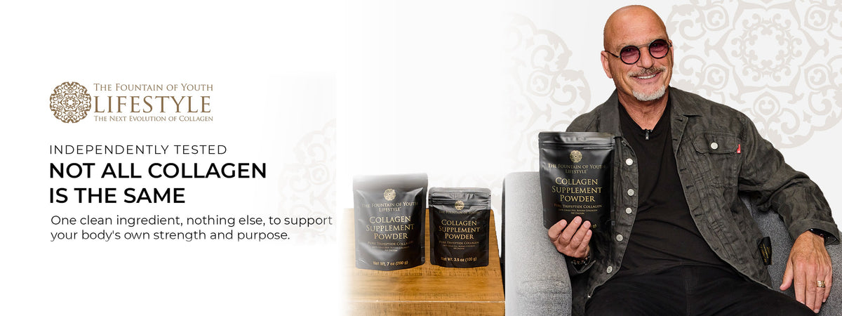 Howie Mandel with the 200g and 100g bags of Pure Bovine Tripeptide Collagen: not all collagen is the same. One clean ingredient, nothing else.