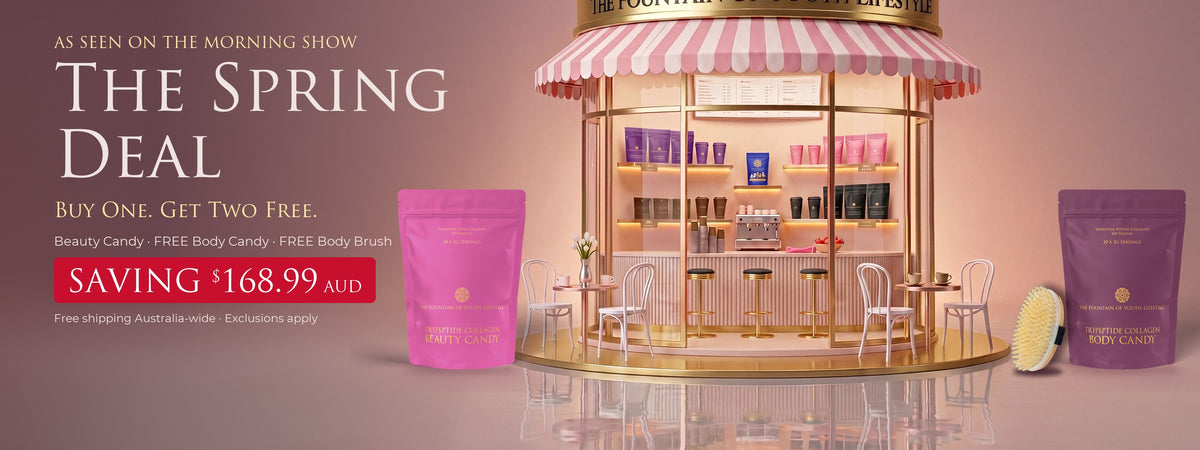 The Spring Deal: buy one Tripeptide Collagen Beauty Candy for $129 AUD and get a free Body Candy and a free FoYL Body Brush, total value $297.99 AUD. Exclusions apply.