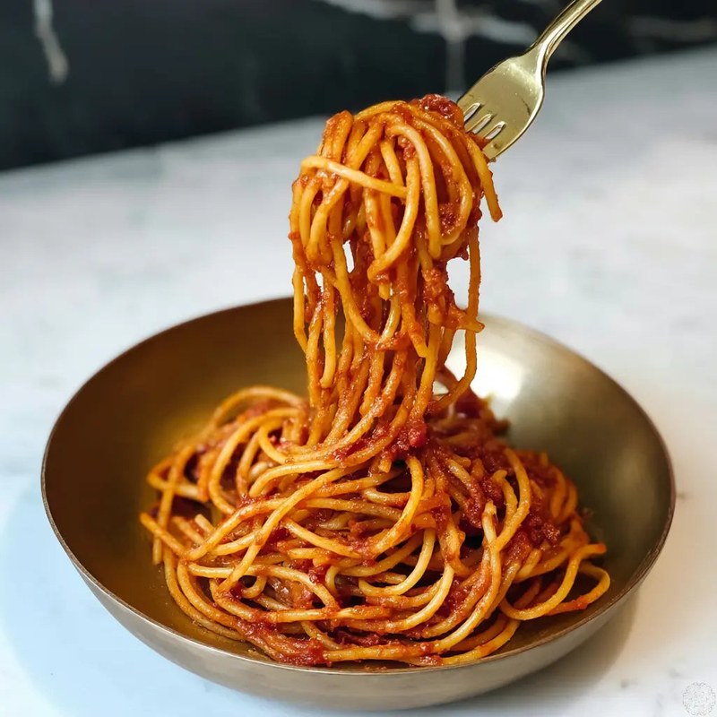 Spaghetti in Nonna's collagen pasta sauce, twirled on a fork in a brass bowl