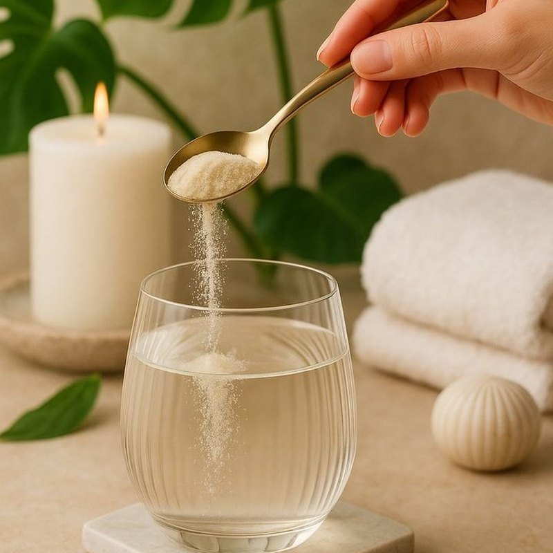 A spoon of collagen powder pouring into a glass of water