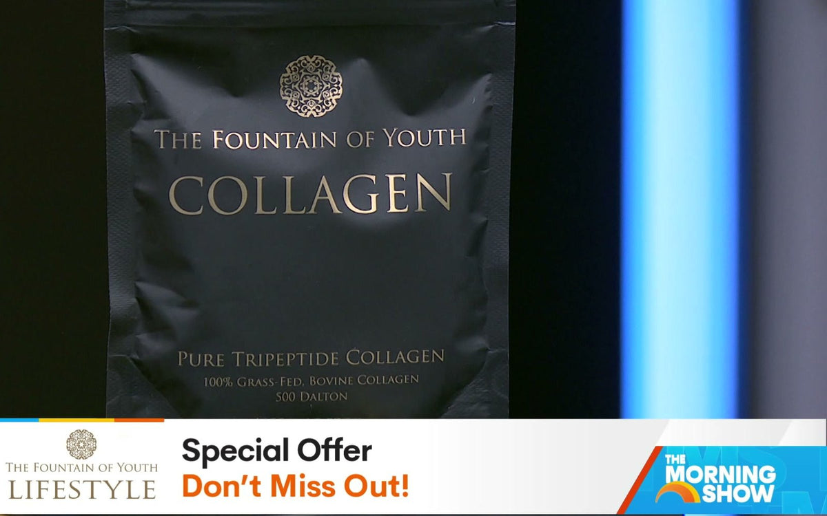 The Pure Tripeptide Collagen bag on set at Channel 7's The Morning Show, with the show's on-screen strap