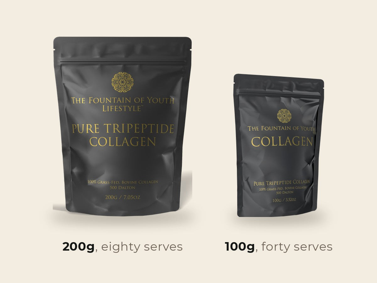 The 200g bag of Pure Bovine Tripeptide Collagen standing beside the 100g bag at true relative size, each labelled with its serve count