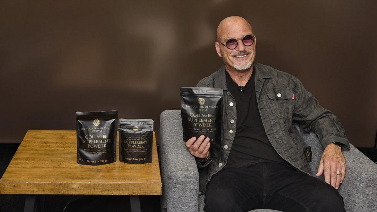 Howie Mandel seated beside the bags of Pure Bovine Tripeptide Collagen, from the thirty second spot