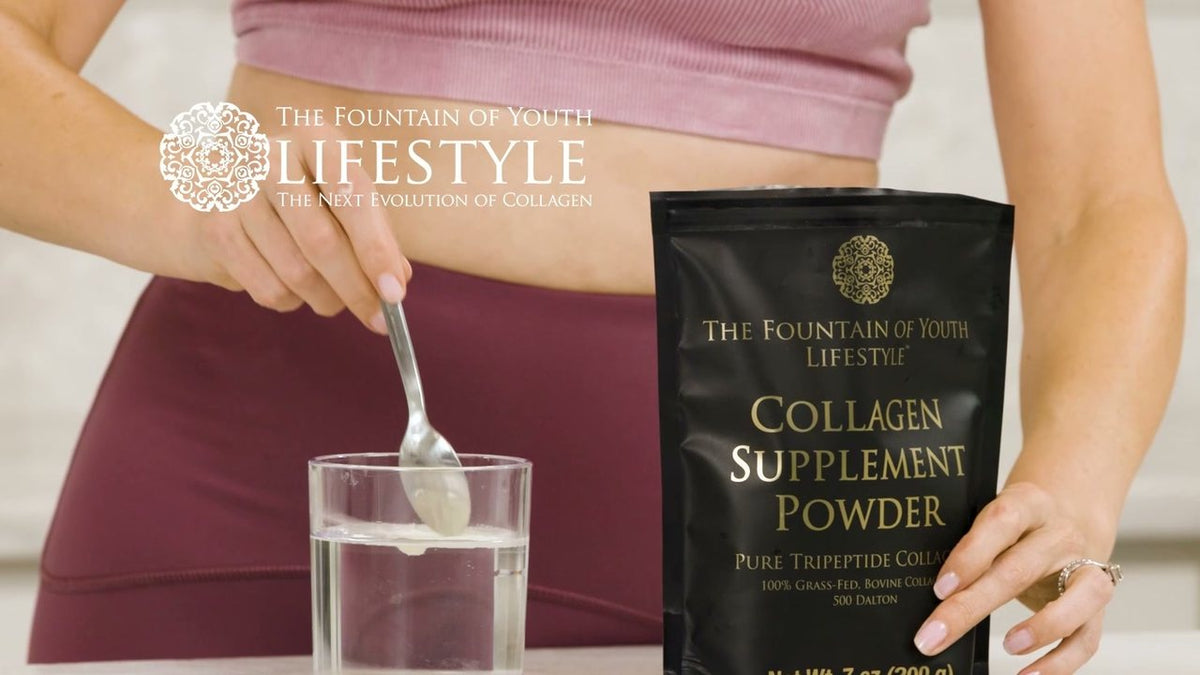 A scoop of Pure Bovine Tripeptide Collagen going into a glass of water, the bag beside it