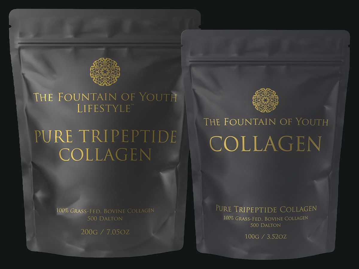 The Fountain of Youth Lifestyle Pure Tripeptide Collagen 200g and 100g bags