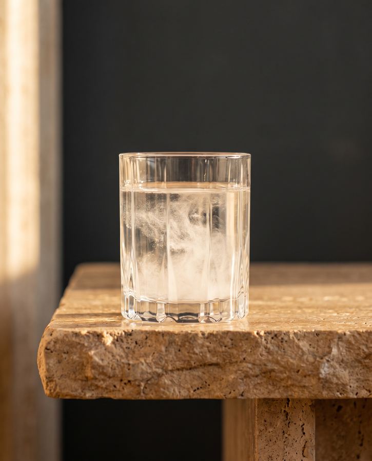 Fine powder dissolving in a glass of water on a stone bench