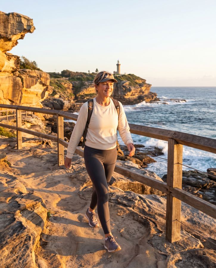 A woman walking a coastal headland path at sunrise