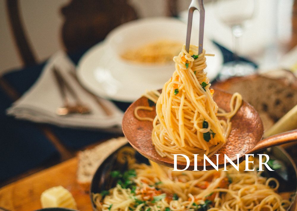 The Dinner chapter opener: spaghetti twirled on a fork over a copper pan