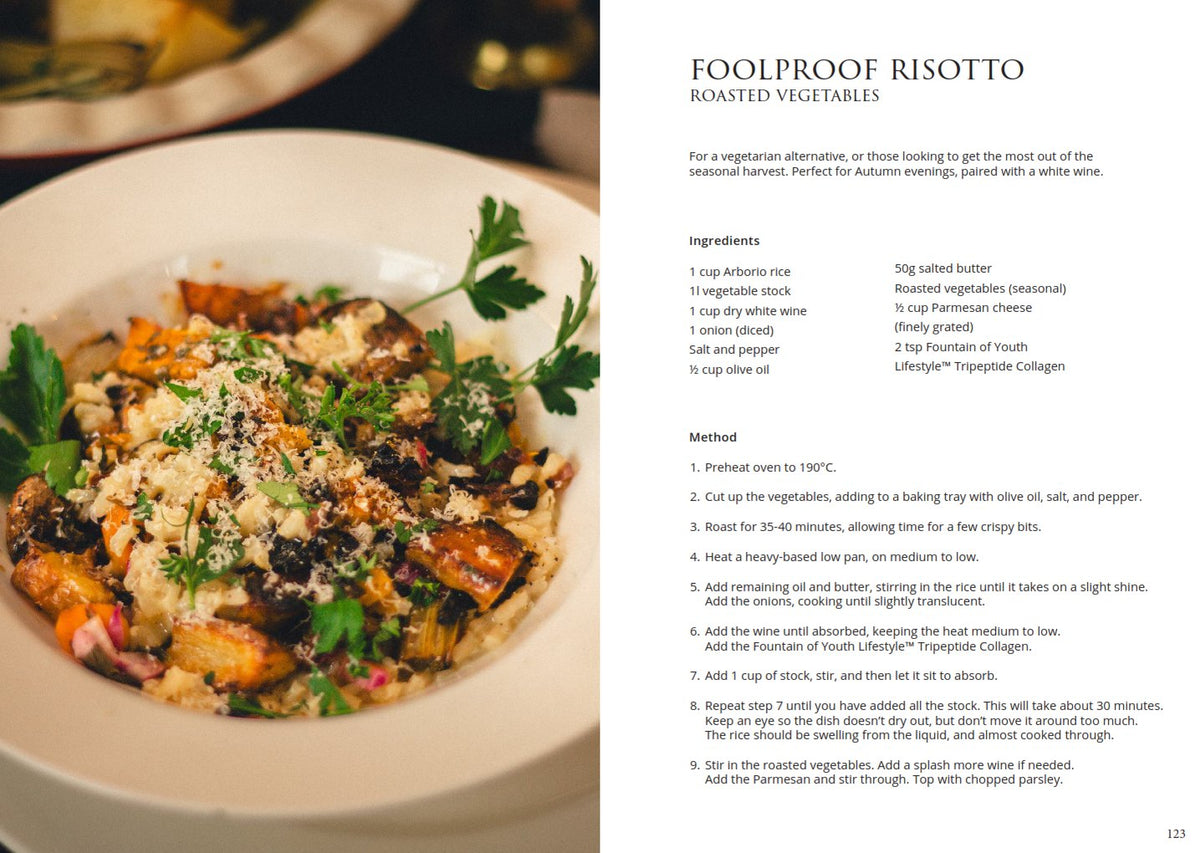 An open page of the cookbook: Foolproof Risotto with roasted vegetables, with Fountain of Youth Lifestyle Tripeptide Collagen in the ingredients